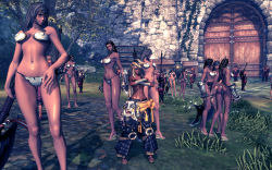 Rule 34 | 10s, 3d, 6+boys, 6+girls, ass, bikini, black hair, blade &amp; soul, blonde hair, breasts, crossed arms, dark skin, from behind, gate, hand on own hip, highres, huge weapon, multiple boys, multiple girls, navel, one-piece swimsuit, scar, screencap, shiny skin, standing, swimsuit, thigh gap, toes, tree, weapon, white one-piece swimsuit