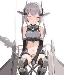 Rule 34 | 1girl, absurdres, bare shoulders, blush, closed eyes, elbow gloves, gloves, grey hair, headgear, highres, j-20, long hair, mecha musume, navel, original, parted lips, personification, refueling, shasha (shasha159357), solo, thighhighs, twintails