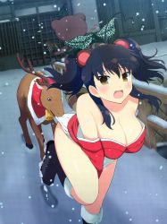 Rule 34 | 10s, 1girl, bare shoulders, black hair, blush, breasts, brown eyes, cleavage, highres, large breasts, looking at viewer, misato (senran kagura), open mouth, senran kagura, solo, tears, twintails