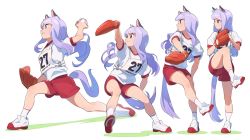 Rule 34 | 1girl, animal ears, arm up, ball, baseball, baseball glove, clenched teeth, gym uniform, highres, holding, holding ball, horse ears, horse girl, horse tail, leg up, mejiro mcqueen (umamusume), motion blur, nishiki kazue, outstretched arms, pitching, playing sports, purple eyes, purple hair, race bib, red shorts, sequential, shirt, shoes, short sleeves, shorts, sneakers, socks, solo, standing, standing on one leg, tail, teeth, umamusume, white background, white shirt, white socks