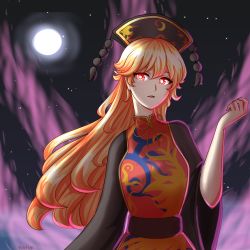 Rule 34 | 1girl, artist name, belt, black dress, black hat, black sky, bow, bowtie, breasts, brown belt, chinese clothes, crescent, dress, energy, full body, hair between eyes, hand up, hat, highres, junko (touhou), long hair, long sleeves, looking to the side, medium breasts, moon, night, night sky, ocean, open mouth, orange hair, phoenix crown, pom pom (clothes), red eyes, red vest, sky, solo, star (sky), starry sky, tabard, touhou, vest, water, wide sleeves, yellow bow, yellow bowtie, yokhai