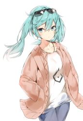 Rule 34 | 1girl, aqua hair, blue eyes, blush, camisole, cardigan, closed mouth, collarbone, cowboy shot, expressionless, eyewear on head, hair between eyes, hands in pockets, hatsune miku, highres, long hair, looking at viewer, open cardigan, open clothes, silver (chenwen), simple background, solo, suna no wakusei (vocaloid), sunglasses, sunglasses on head, tsurime, twintails, vocaloid, white background