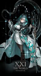 Rule 34 | 1girl, aqua nails, arknights, black pantyhose, blue eyes, breasts, character name, coat, crossed legs, double-parted bangs, dress, english text, fingerless gloves, fingernails, full body, gloves, grin, head wings, high heels, highres, ho&#039;olheyak (arknights), holding, holding own tail, holding staff, infection monitor (arknights), kasumi yuzuha, long fingernails, long sleeves, looking at viewer, medium hair, nail polish, open clothes, open coat, pantyhose, pencil dress, sharp fingernails, smile, snake tail, solo, sparkle, staff, tail, tarot, the world (tarot), white dress, wings