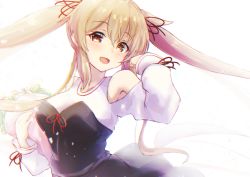 Rule 34 | 1girl, anniversary, black dress, blouse, brown eyes, dress, hair ribbon, highres, kantai collection, light brown hair, long hair, looking at viewer, murasame (kancolle), official alternate costume, ribbon, shirt, simple background, solo, twintails, white background, white shirt, yomitsuna