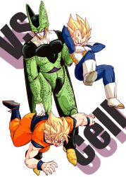 Rule 34 | 3boys, annoyed, armor, blonde hair, boots, cell (dragon ball), character name, d:, dougi, dragon ball, dragonball z, frown, full body, looking down, male focus, multiple boys, nervous, open mouth, outstretched arms, perfect cell, senka-san, short hair, simple background, son goku, spiked hair, super saiyan, super saiyan 1, sweatdrop, vegeta, vs, white background, wristband