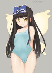 Rule 34 | 1girl, arms behind back, black hair, blue bow, bow, breasts, brown eyes, cameltoe, cleft of venus, covered erect nipples, female focus, grey background, hair bow, hamaburicchi, highres, long hair, looking at viewer, simple background, small breasts, smile, solo, star sapphire, touhou, twitter username