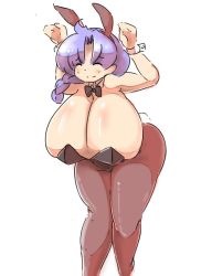 Rule 34 | 1girl, ahoge, animal ears, bare shoulders, bent over, bow, bowtie, braid, breasts, brown pantyhose, cleavage, detached collar, closed eyes, fake animal ears, female focus, gigantic breasts, hair ornament, leaning forward, leotard, long hair, original, pantyhose, playboy bunny, purple hair, rabbit ears, rabbit tail, simple background, sketch, smile, solo, standing, tail, white background, wide hips, wrist cuffs, youmeituzaki