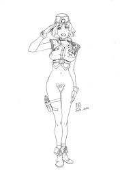Rule 34 | 1girl, belt, bottomless, c-string, full body, garrison cap, gloves, greyscale, gun, handgun, hat, holster, legs, looking at viewer, maebari, monochrome, navel, open mouth, original, po-ju, police, police uniform, policewoman, salute, shoes, short hair, simple background, sketch, socks, solo, star (symbol), strapless bottom, thigh holster, thigh strap, unfinished, uniform, weapon, white background