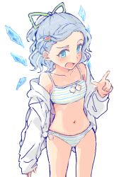 Rule 34 | 1girl, alternate costume, alternate hairstyle, bangs pinned back, bare shoulders, bikini, blue eyes, blue hair, blush, cirno, collarbone, cowboy shot, detached wings, food-themed hair ornament, green ribbon, hair behind ear, hair ornament, hair ribbon, hairclip, half updo, hand up, hiramei, ice, ice wings, index finger raised, jacket, jaggy lines, long sleeves, looking at viewer, navel, oekaki, off shoulder, open clothes, open jacket, open mouth, pale color, petite, pom pom (clothes), puffy long sleeves, puffy sleeves, raised eyebrow, ribbon, short hair, simple background, sleeves past fingers, sleeves past wrists, solo, spaghetti strap, standing, stomach, striped, striped bikini, swimsuit, tegaki, thigh gap, touhou, watermelon hair ornament, white background, white jacket, wings