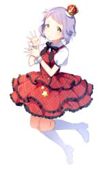 Rule 34 | :o, black bow, black bowtie, boots, bow, bowtie, buttons, checkered clothes, checkered dress, commentary request, crown hair ornament, dot nose, dress, expressionless, full body, hands up, idolmaster, idolmaster million live!, knee boots, lace, lace-trimmed dress, lace trim, layered skirt, looking at viewer, makabe mizuki, midair, mimizubare, prologue rouge (idolmaster), puffy short sleeves, puffy sleeves, purple hair, red dress, shirt, short hair, short sleeves, sidelocks, skirt, star ornament, wavy hair, white background, white footwear, white shirt, wing collar, wrist cuffs, yellow eyes