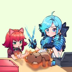 Rule 34 | 2girls, :o, ahoge, animal ears, annie (league of legends), black bow, black gloves, bow, box, breasts, brown dress, cat ears, dress, drill hair, fake animal ears, fiery toy, floating, floating object, gloves, green eyes, green hair, grey dress, gwen (league of legends), hair bow, hair ornament, hands up, holding, holding scissors, kam-ja, league of legends, long hair, medium hair, multicolored hair, multiple girls, needle, puffy short sleeves, puffy sleeves, red hair, scissors, sewing, sewing needle, short sleeves, stuffed animal, stuffed toy, teddy bear, tibbers, twin drills, twintails, two-tone hair, upper body, x hair ornament