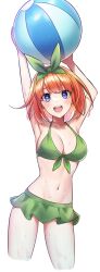 1girl :d armpits arms_up ball beachball bikini bikini_skirt black_bikini black_ribbon blue_eyes blush breasts cleavage collarbone commentary_request cropped_legs eyelashes front-tie_bikini_top front-tie_top go-toubun_no_hanayome green_bikini green_ribbon green_skirt hair_between_eyes hair_ribbon highres holding holding_ball holding_beachball kurosaki_coco large_breasts looking_at_viewer medium_hair nakano_yotsuba navel open_mouth orange_hair ribbon sidelocks simple_background skirt sky smile standing stomach swimsuit teeth upper_teeth_only wet white_background