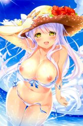 Rule 34 | 1girl, :d, absurdres, arm at side, ashishun, bare arms, bare legs, bare shoulders, bikini, blue bow, blue sky, blush, bow, bow bikini, breasts, breasts out, cloud, cloudy sky, collarbone, cowboy shot, day, fingernails, flower, front-tie bikini top, front-tie top, gluteal fold, groin, hand on headwear, hand up, hat, hat flower, hat ribbon, hibiscus, highres, huge filesize, kuryuu mashiro, large breasts, legs together, light purple hair, light rays, long fingernails, long hair, looking at viewer, navel, nipples, ocean, open mouth, outdoors, partially submerged, primal hearts 2, red flower, ribbon, side-tie bikini bottom, sky, smile, solo, standing, stomach, straw hat, sun hat, swimsuit, thigh gap, untied bikini, very long hair, wading, wardrobe malfunction, water, water drop, white bikini, white ribbon, yellow eyes