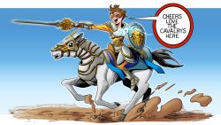 Rule 34 | 1girl, adapted costume, argent horserider, armor, blizzard (company), breastplate, brown hair, cavalry, charging forward, company connection, crossover, english text, faulds, full armor, greaves, highres, horse, horseback riding, meme, overwatch, overwatch 1, pointing, pointing forward, riding, semaj-z, shield, short hair, solo, sword, tracer (overwatch), vambraces, visor, warcraft, weapon