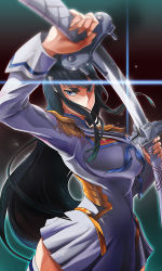 Rule 34 | 10s, 1girl, 71, black hair, blue eyes, breasts, drawing sword, eyebrows, gradient background, holding, holding sword, holding weapon, junketsu, kill la kill, kiryuuin satsuki, large breasts, long hair, school uniform, sheath, skirt, solo, sword, thick eyebrows, thighhighs, unsheathing, weapon
