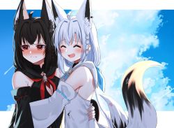 Rule 34 | 2girls, :d, ahoge, animal ear fluff, animal ears, black hair, blush, braid, closed eyes, closed mouth, commentary request, daichi (daichi catcat), dark persona, detached sleeves, ear piercing, extra ears, fox ears, fox tail, hololive, hug, kurokami fubuki, letterboxed, long sleeves, multiple girls, open mouth, piercing, red eyes, shirakami fubuki, shirakami fubuki (1st costume), silver hair, smile, tail, upper body, virtual youtuber