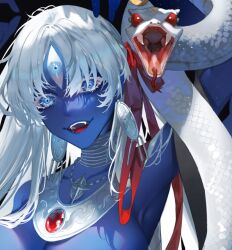 Rule 34 | 1girl, animal, armpits, blue eyes, blue skin, breasts, chest jewel, choker, colored skin, earrings, fangs, fate/grand order, fate (series), gem, jewelry, kali (fate), large breasts, large earrings, neck ring, necklace, open mouth, parted bangs, parted lips, red eyes, red ribbon, ribbon, shei99, snake, teeth, third eye, white hair, white snake