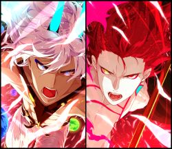 Rule 34 | 2boys, abs, alternate costume, alternate hairstyle, angry, arjuna (fate), arjuna alter (fate), bishounen, blue eyes, chest tattoo, dark-skinned male, dark skin, earrings, fate/grand order, fate (series), fighting stance, fuka (hk nemo), glowing horns, hair between eyes, heterochromia, highres, horns, jewelry, karna (fate), lance, long hair, looking at viewer, male focus, multiple boys, open mouth, pale skin, polearm, red hair, split screen, tail, tattoo, toned, toned male, topless male, upper body, weapon, white hair, yellow eyes