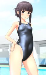 Rule 34 | 1girl, absurdres, alternate hairstyle, black eyes, black hair, black one-piece swimsuit, blue sky, blunt bangs, braid, breasts, clothes writing, cloud, commentary request, competition swimsuit, covered navel, cowboy shot, day, fence, hand on own hip, highres, kantai collection, kitakami (kancolle), long hair, one-piece swimsuit, outdoors, sidelocks, single braid, sky, small breasts, solo, swimsuit, takafumi