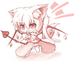 Rule 34 | 1girl, ^^^, animal ears, ascot, chibi, embodiment of scarlet devil, fang, female focus, flandre scarlet, fox ears, fox tail, kemonomimi mode, laevatein, monochrome, no headwear, outstretched arm, red theme, short hair, side ponytail, simple background, skirt, slit pupils, solo, tail, touhou, vulpini, white background, wings