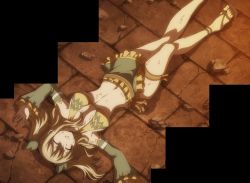 Rule 34 | 1girl, blonde hair, breasts, cleavage, closed mouth, dirty, closed eyes, fairy tail, feet, female focus, floor, highres, large breasts, long hair, lucy heartfilia, lying, navel, screencap, solo, stitched, tagme, third-party edit, toes, unconscious, underboob