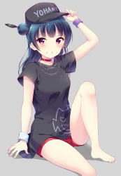 Rule 34 | 1girl, adjusting clothes, adjusting headwear, barefoot, baseball cap, black feathers, black hat, black shirt, blue hair, blush, chain necklace, character name, choker, commentary request, feather hair ornament, feathers, grey background, grin, hair ornament, hat, hazuki (sutasuta), headwear writing, highres, jewelry, knee up, long hair, looking at viewer, love live!, love live! sunshine!!, nail polish, necklace, pink nails, purple eyes, red choker, red shorts, shirt, short sleeves, shorts, sitting, smile, solo, toenail polish, toenails, tsushima yoshiko, wristband