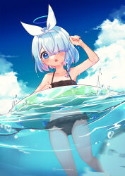 Rule 34 | 1boy, 1girl, :o, afloat, armpits, arona (blue archive), bikini, black bikini, blue archive, blue sky, blurry, braid, cloud, cloudy sky, collarbone, colored inner hair, commentary request, coromonaka, depth of field, doodle sensei (blue archive), frilled bikini, frills, hair over one eye, hairband, halo, highres, horizon, in water, innertube, long bangs, looking at viewer, multicolored hair, navel, ocean, official alternate costume, outdoors, parted lips, sensei (blue archive), short hair, sidelocks, single braid, sky, sleeveless, spaghetti strap, stomach, swim ring, swimsuit, two-tone hair
