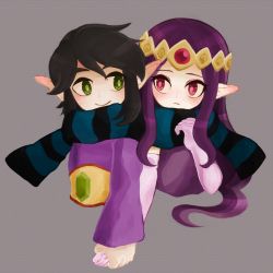 Rule 34 | 1boy, 1girl, hetero, holding hands, image sample, nintendo, pixiv sample, pointy ears, princess hilda, purple hair, ravio, scarf, shared clothes, shared scarf, simple background, spoilers, sunagimo (nagimo), the legend of zelda, the legend of zelda: a link between worlds, upper body