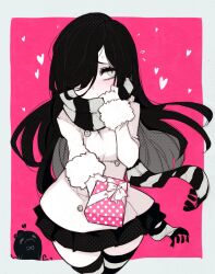 Rule 34 | 1girl, aria wintermint, black hair, black scarf, blush, box, breasts, buttons, coat, commentary, english commentary, gift, gift box, hair over one eye, happy valentine, heart, highres, long hair, multicolored clothes, multicolored scarf, multicolored thighhighs, parororo, pink background, presenting, scarf, shy, skirt, small breasts, striped clothes, striped scarf, striped thighhighs, the crawling city, thighhighs, valentine, white coat, zettai ryouiki