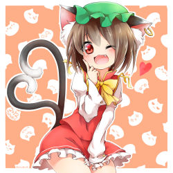Rule 34 | 10s, 1girl, 2012, :3, ;d, animal ears, anzu ame, blush, brown hair, cat ears, cat girl, cat tail, chen, earrings, fang, female focus, hat, heart, heart tail, highres, jewelry, looking at viewer, one eye closed, open mouth, red eyes, short hair, single earring, smile, solo, tail, touhou, wink
