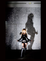 Rule 34 | 1girl, amane misa, amane misa (cosplay), asian, blade, blonde hair, boots, breasts, cosplay, cross, cross-laced footwear, cross necklace, death note, elbow gloves, fingerless gloves, fishnet pantyhose, fishnet thighhighs, fishnets, gloves, highres, indoors, jewelry, kipi-san, lace, lace-up boots, long hair, looking at viewer, miniskirt, necklace, pantyhose, photo (medium), shadow, skirt, small breasts, solo, thighhighs, torn clothes, two side up
