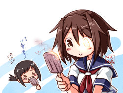 Rule 34 | 2girls, artist logo, blue sailor collar, brown hair, commentary request, dated, food, fubuki (kancolle), furutaka (kancolle), glowing, glowing eye, head only, heterochromia, kantai collection, kutone shirika, melting, multiple girls, neckerchief, popsicle, red neckerchief, sailor collar, school uniform, serafuku, short hair, solo focus, translation request, yellow eyes
