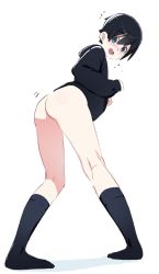 Rule 34 | 1boy, ass, ass shake, bigppea, blue eyes, blush, highres, hood, hood down, hoodie, looking at viewer, male focus, open mouth, original, short hair, simple background, socks, solo