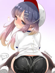 Rule 34 | 1girl, ^q^, ass, bike shorts, black shorts, black thighhighs, blush, from behind, gradient background, gradient hair, grey background, gym uniform, hair ornament, hairclip, hat, highres, kantai collection, looking at viewer, multicolored hair, orange hair, purple eyes, purple hair, shirt, short hair, short sleeves, shorts, sidelocks, solo, suggestive fluid, t-shirt, takase muh, thighhighs, tsushima (kancolle), twitter username, white background, white hat, white shirt