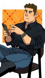 Rule 34 | 1boy, bara, belt, blush stickers, collared shirt, denim, holding, holding phone, jeans, just do sex (unspoken), long sideburns, male focus, on chair, pants, phone, shin taeho (unspoken), shirt, shirt tucked in, short hair, sideburns, sitting, solo, thick eyebrows, unspoken (firebreath110), watch, wristwatch