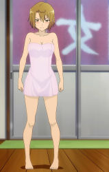 Rule 34 | 10s, 1girl, angry, anime screenshot, arms at sides, barefoot, blush, breasts, brown eyes, brown hair, cleavage, clenched hands, closed mouth, collarbone, feet, full body, hair between eyes, half-closed eyes, highres, indoors, large breasts, lavender towel, looking at viewer, naked towel, neck, pigeon-toed, sankarea, saouji ranko, screencap, shadow, short hair, solo, standing, toes, towel, wet, wet hair, wooden floor