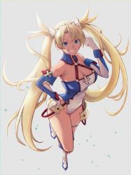 Rule 34 | 1girl, absurdres, ahoge, armor, backlighting, bare shoulders, blonde hair, blue eyes, blue leotard, boots, bradamante (fate), bradamante (first ascension) (fate), braid, breasts, cleavage, cross, detached collar, elbow gloves, fang, fate/grand order, fate (series), faulds, french braid, from above, full body, gloves, grey background, grin, hair ornament, hand on own hip, highleg, highleg leotard, highres, huge filesize, large breasts, leg up, leotard, long hair, looking at viewer, smile, solo, thigh strap, twintails, two-tone leotard, uso ashio, very long hair, white leotard, wrist cuffs
