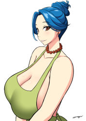 Rule 34 | 1girl, alternate breast size, alternate costume, alternate hair length, alternate hairstyle, animification, apron, bare shoulders, blue hair, breasts, brown eyes, cleavage, collarbone, crossed arms, curvy, death tome, earrings, green apron, hair bun, highres, huge breasts, jewelry, lipstick, makeup, marge simpson, naked apron, necklace, parted bangs, signature, simple background, smile, solo, someguu, teeth, the simpsons, treehouse of horror, upper body, upper teeth only, white background