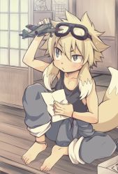 Rule 34 | 1boy, anklet, barefoot, black tank top, blonde hair, blue eyes, feet, fox tail, goggles, goggles on head, jewelry, jumpsuit, jumpsuit around waist, male focus, original, pocchipocchi, porch, sitting, solo, tail, tank top, toes, toy airplane, uneven eyes