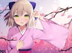 Rule 34 | 1girl, :d, aozora nan, blurry, blurry background, blush, bow, branch, breasts, commentary request, depth of field, fate/grand order, fate (series), flower, green eyes, hair between eyes, hair bow, hand up, japanese clothes, kimono, koha-ace, light brown hair, long sleeves, looking at viewer, medium breasts, nail polish, okita souji (fate), okita souji (koha-ace), open mouth, pink flower, pink kimono, pink nails, purple bow, smile, solo, upper body, wide sleeves
