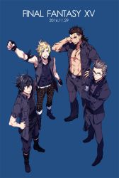 Rule 34 | 10s, 2016, 4boys, abs, animal print, bad id, bad pixiv id, belt, black hair, blonde hair, blue background, blue eyes, boots, brown eyes, brown hair, copyright name, dated, final fantasy, final fantasy xv, fingerless gloves, full body, gladiolus amicitia, glasses, gloves, green eyes, ignis scientia, leopard print, male focus, multiple boys, nakagawa waka, noctis lucis caelum, open mouth, pants, prompto argentum, scar, scar across eye, scar on face, shirt, short hair, spiked hair, t-shirt