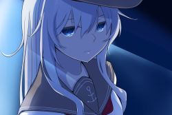 Rule 34 | 1girl, black hat, black sailor collar, blue eyes, close-up, commentary request, flat cap, hair between eyes, hat, hibiki (kancolle), highres, kantai collection, long hair, myht, neckerchief, portrait, red neckerchief, sailor collar, school uniform, serafuku, silver hair, solo