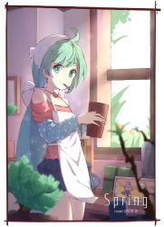 Rule 34 | 1girl, 2016, ahoge, alternate hairstyle, apron, bare shoulders, blue skirt, blurry, bonsai, border, bow, box, character request, choker, cowboy shot, depth of field, english text, flat chest, framed, gift, gift box, green eyes, green hair, hair ornament, hatsune miku, headdress, highres, holding, indoors, layered skirt, light particles, long hair, long sleeves, looking at viewer, low ponytail, miniskirt, mouth hold, off shoulder, photo (object), plant, polka dot, potted plant, red bow, shelf, skirt, smile, solo, spring (season), very long hair, vocaloid, wall, white apron, window, zhayin-san