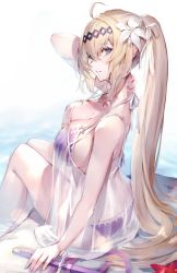 Rule 34 | 1girl, bare shoulders, bikini, blonde hair, blue eyes, breasts, butt crack, collarbone, flower, from side, front-tie bikini top, front-tie top, granblue fantasy, hair between eyes, hair flower, hair ornament, hair ribbon, hairband, highres, jeanne d&#039;arc (granblue fantasy), large breasts, lily (flower), long hair, looking at viewer, nail polish, ponytail, purple bikini, ribbon, solo, swimsuit, sword, watao, water, weapon