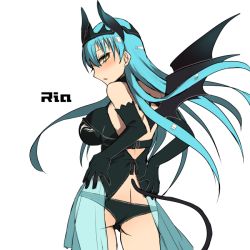 Rule 34 | 1girl, aqua hair, ass, bad id, bad pixiv id, bare shoulders, bat wings, black gloves, black panties, blush, breasts, butt crack, circlet, demon girl, demon horns, demon tail, elbow gloves, female focus, gloves, hands on own hips, horns, large breasts, long hair, looking back, oshiruko (tsume), panties, parted lips, see-through, simple background, solo, tail, underwear, white background, wings, yellow eyes
