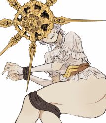 Rule 34 | 1boy, ass, bottomless, bound, bound legs, bound wrists, clenched teeth, covered face, dark souls (series), dark sun gwyndolin, dress, restrained, solo, teeth, white dress, white hair