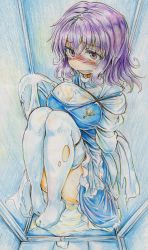 Rule 34 | 1girl, apron, bad id, bad pixiv id, bdsm, blush, bondage, bound, breasts, brown eyes, colored pencil (medium), gag, gagged, highres, in container, large breasts, letty whiterock, long sleeves, nichibotsu (kitaziman), no headwear, pee, peeing, peeing self, purple hair, short hair, skirt, solo, tears, thighhighs, torn clothes, torn thighhighs, touhou, traditional media, vest, white thighhighs