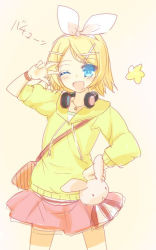 Rule 34 | 1girl, ;d, akahito, aqua eyes, bad id, bad pixiv id, bag, blonde hair, casual, hair ornament, hair ribbon, hairclip, hand on own hip, handbag, headphones, headphones around neck, hood, hoodie, kagamine rin, melancholic (vocaloid), one eye closed, open mouth, project diva (series), project diva f, ribbon, short hair, sketch, skirt, smile, solo, v over eye, vocaloid, wink