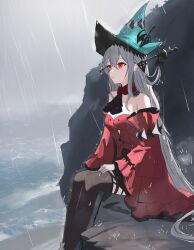 Rule 34 | 1girl, arknights, artist request, ascot, black ascot, black thighhighs, breasts, cleavage, commentary request, dress, frilled sleeves, frills, from side, grey hair, grey sky, hair between eyes, hat, highres, long hair, medium breasts, ocean, overcast, rain, red dress, red eyes, rock, shore, sitting, skadi (arknights), skadi the corrupting heart (arknights), sky, solo, thighhighs, very long hair, wet, wet clothes, wet hair