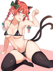 Rule 34 | 1girl, :p, animal ear fluff, animal ears, bikini, black bikini, blunt bangs, blush, bow, braid, breasts, cat ears, cat girl, cat tail, extra ears, green bow, hair bow, highres, kaenbyou rin, long hair, looking at viewer, medium breasts, multiple tails, nagomian, navel, paw pose, pink background, pointy ears, red eyes, red hair, sitting, solo, swimsuit, tail, tongue, tongue out, touhou, twin braids, two-tone background, two tails, white background